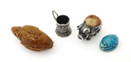 Four assorted items comprising a .925 silver novelty pin cushion modelled as an elephant, a
