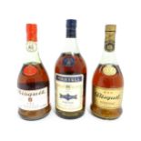 A 32 US Fl oz. bottle of Martell cognac brandy, together with two 24 US Fl oz. bottles of Bisquit
