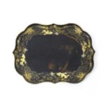 A Victorian papier-mache tray with a moulded edge and gilt painted floral decoration. Stamped B.