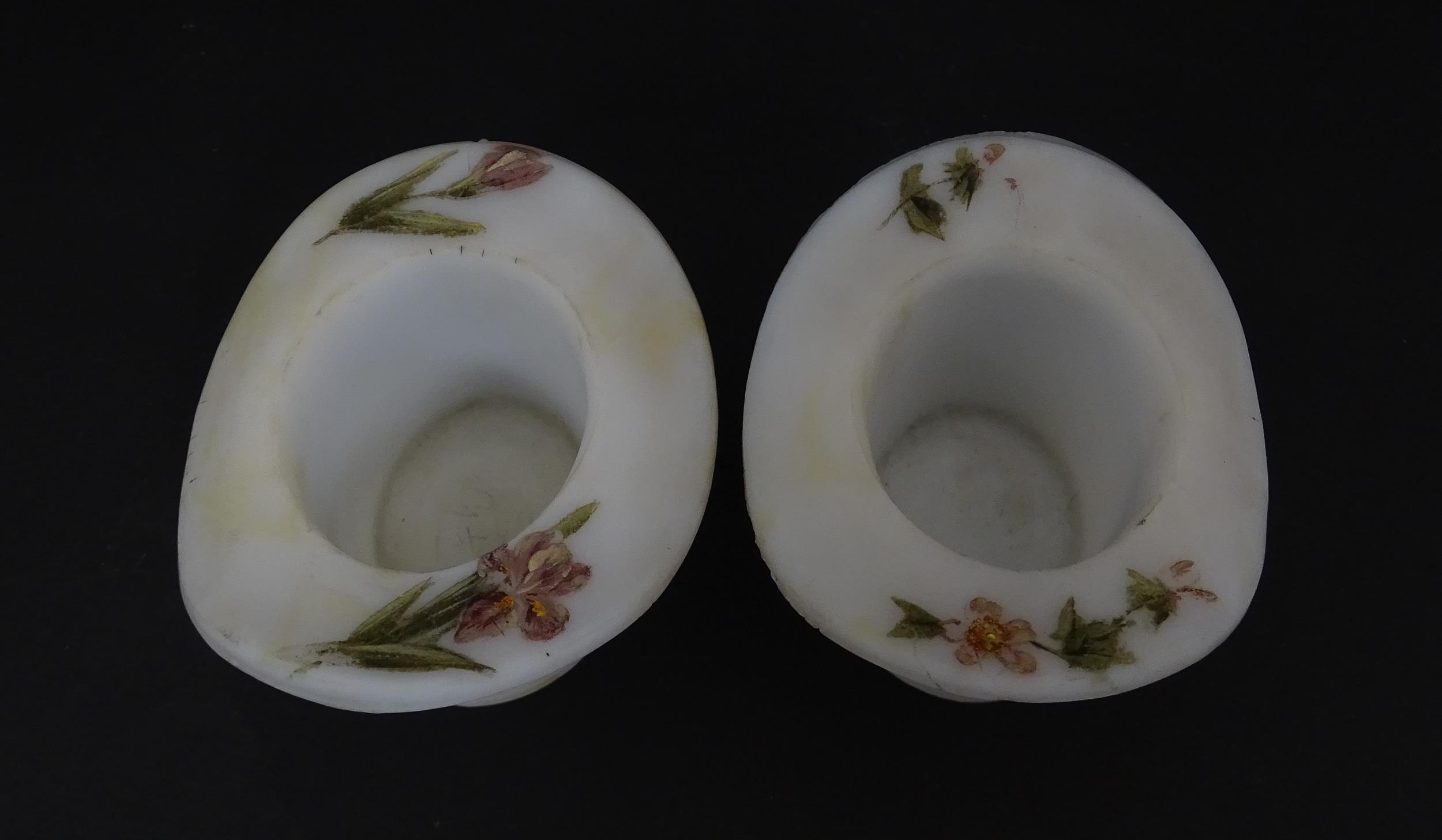 A pair of milk glass match holders / vesta keeps formed as top hats with hand painted floral detail. - Image 13 of 13