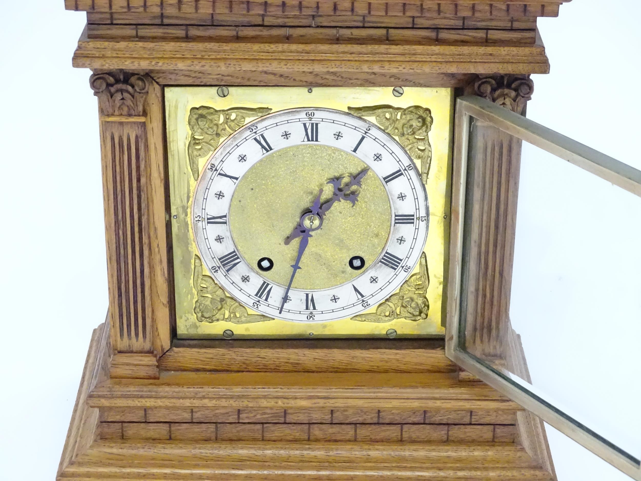 A 19thC German oak cased mantle clock by Winterhalder & Hofmeier, having a silvered chapter ring, - Image 4 of 9