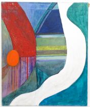 Sylvia Hogg, 20th century, Oil on canvas, An abstract composition in red, blues and greens. Ascribed