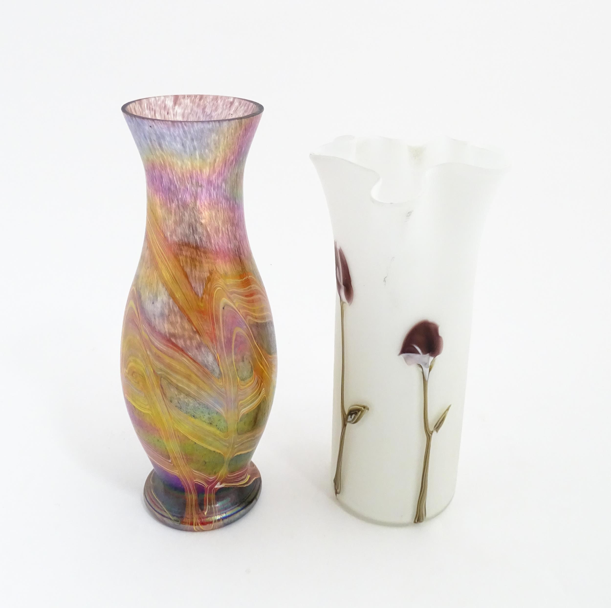 A milk glass vase with calla lily detail. Together with a vase decoration decorated in the Favrile - Image 5 of 6