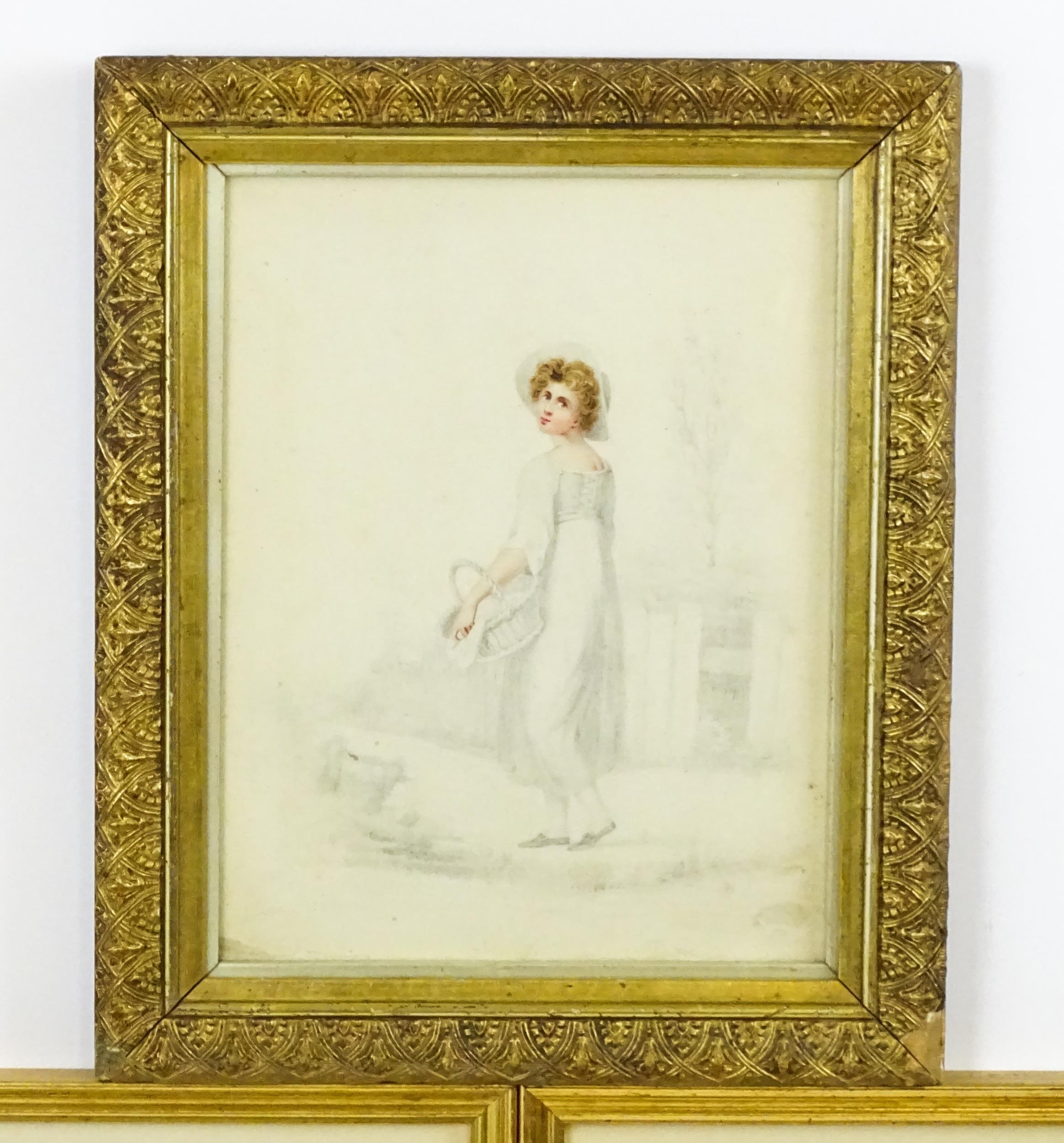 19th century, Pencil and watercolour, A study of a young lady on a country path wearing a hat and - Image 3 of 5