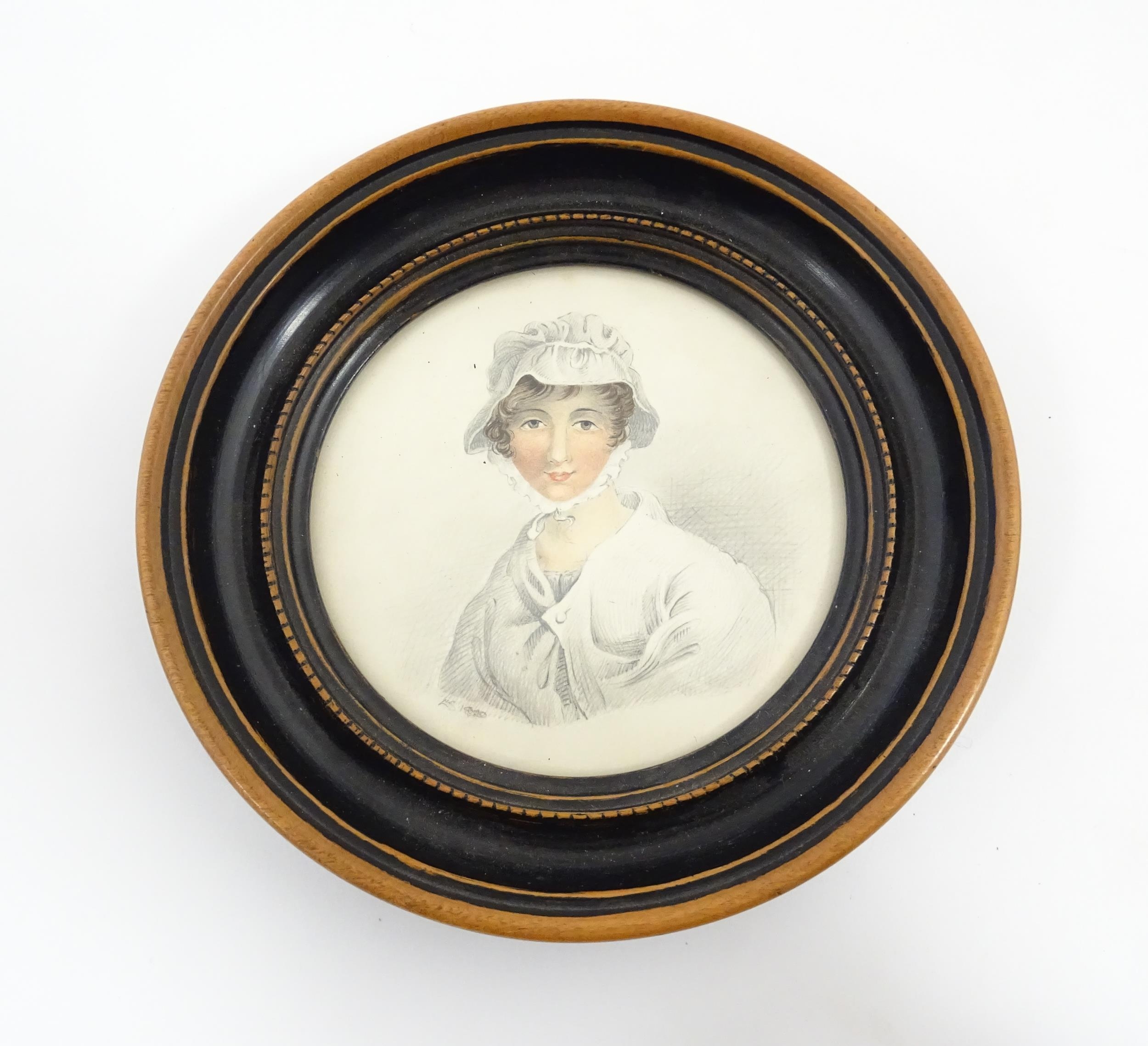 A 19thC pencil and watercolour portrait miniature depicting a portrait of a young lady wearing a - Image 2 of 5