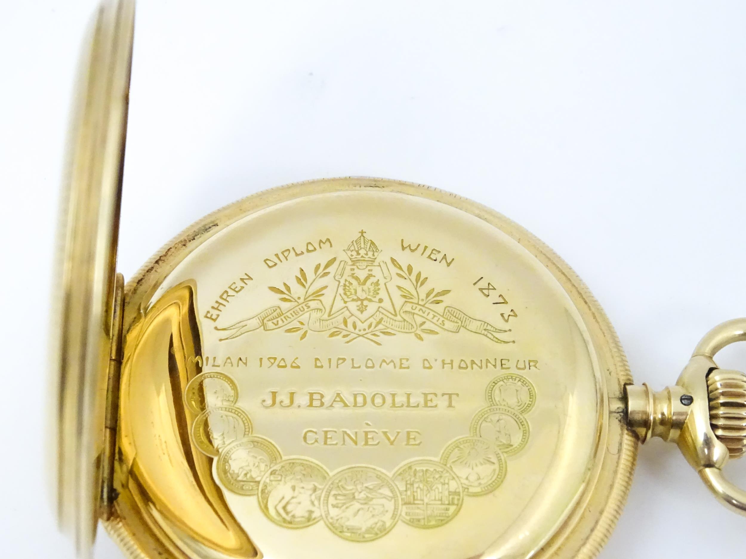 A 14ct gold pocket watch by J. J. Badollet of Geneva, The top wind watch with full hunter case - Image 6 of 10