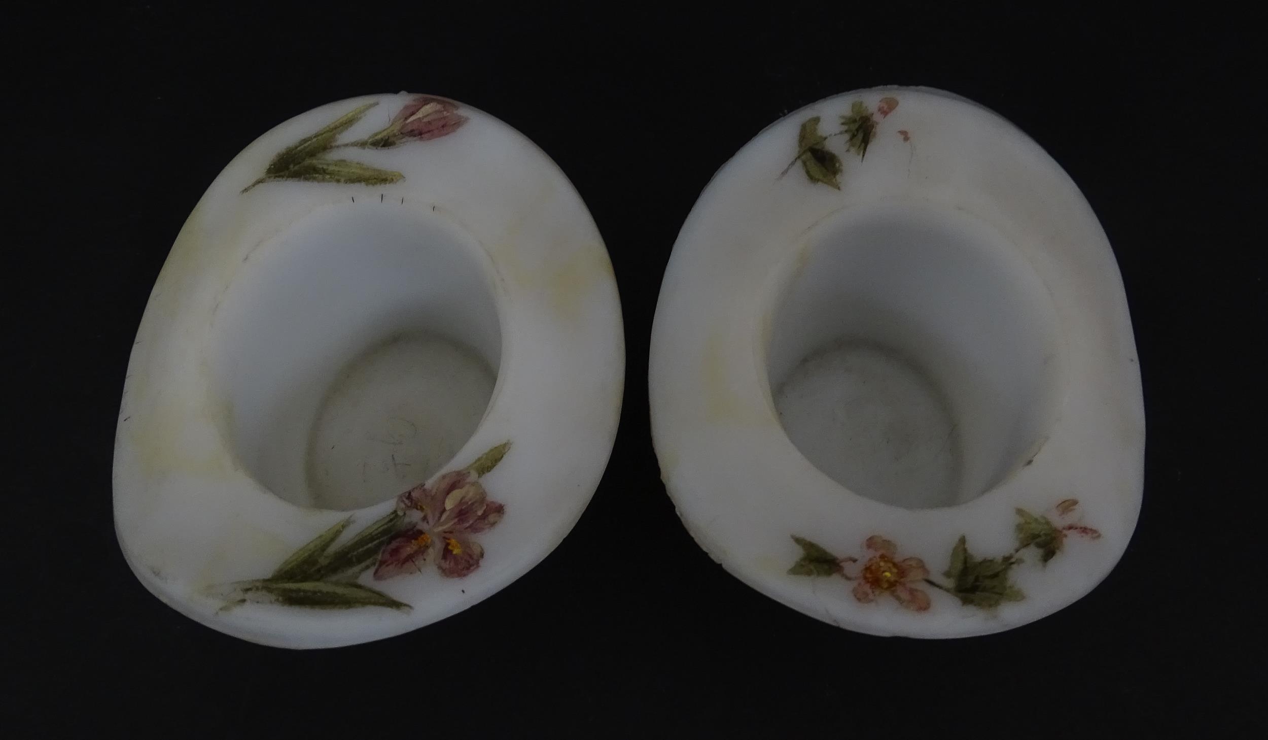 A pair of milk glass match holders / vesta keeps formed as top hats with hand painted floral detail. - Image 11 of 13
