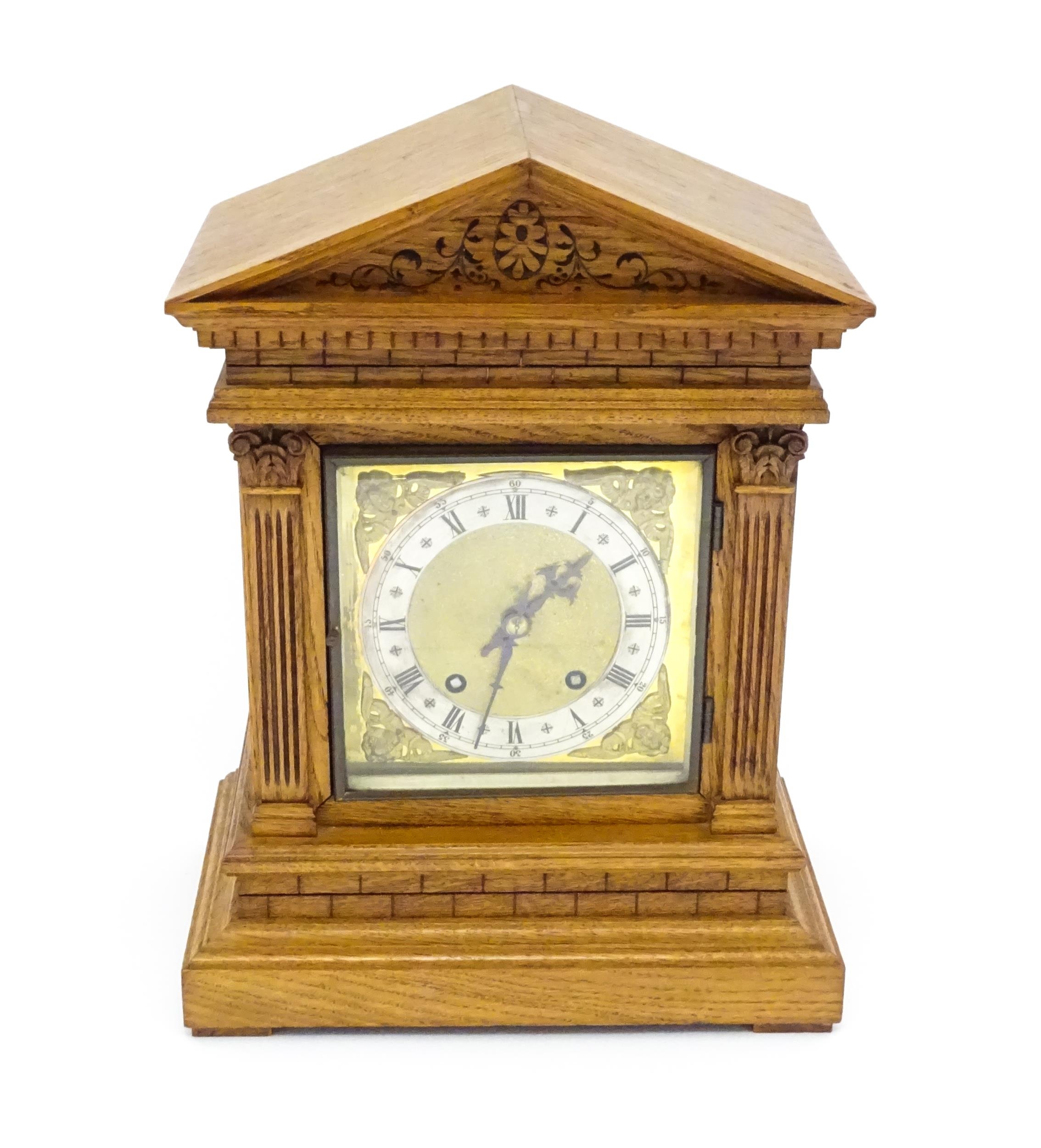 A 19thC German oak cased mantle clock by Winterhalder & Hofmeier, having a silvered chapter ring, - Image 3 of 9