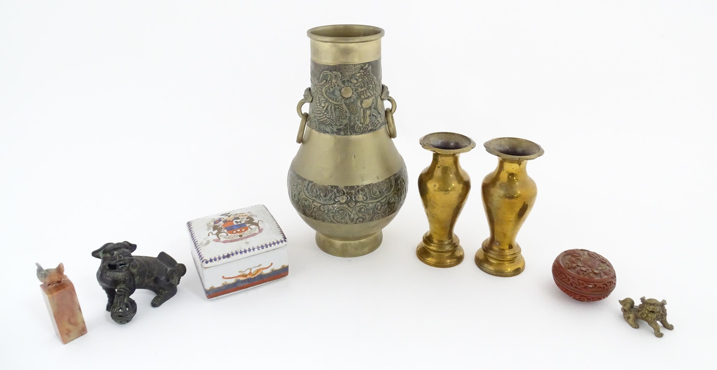 A quantity of assorted Oriental items to include a pair of cast brass vases of tapering form with - Image 3 of 12