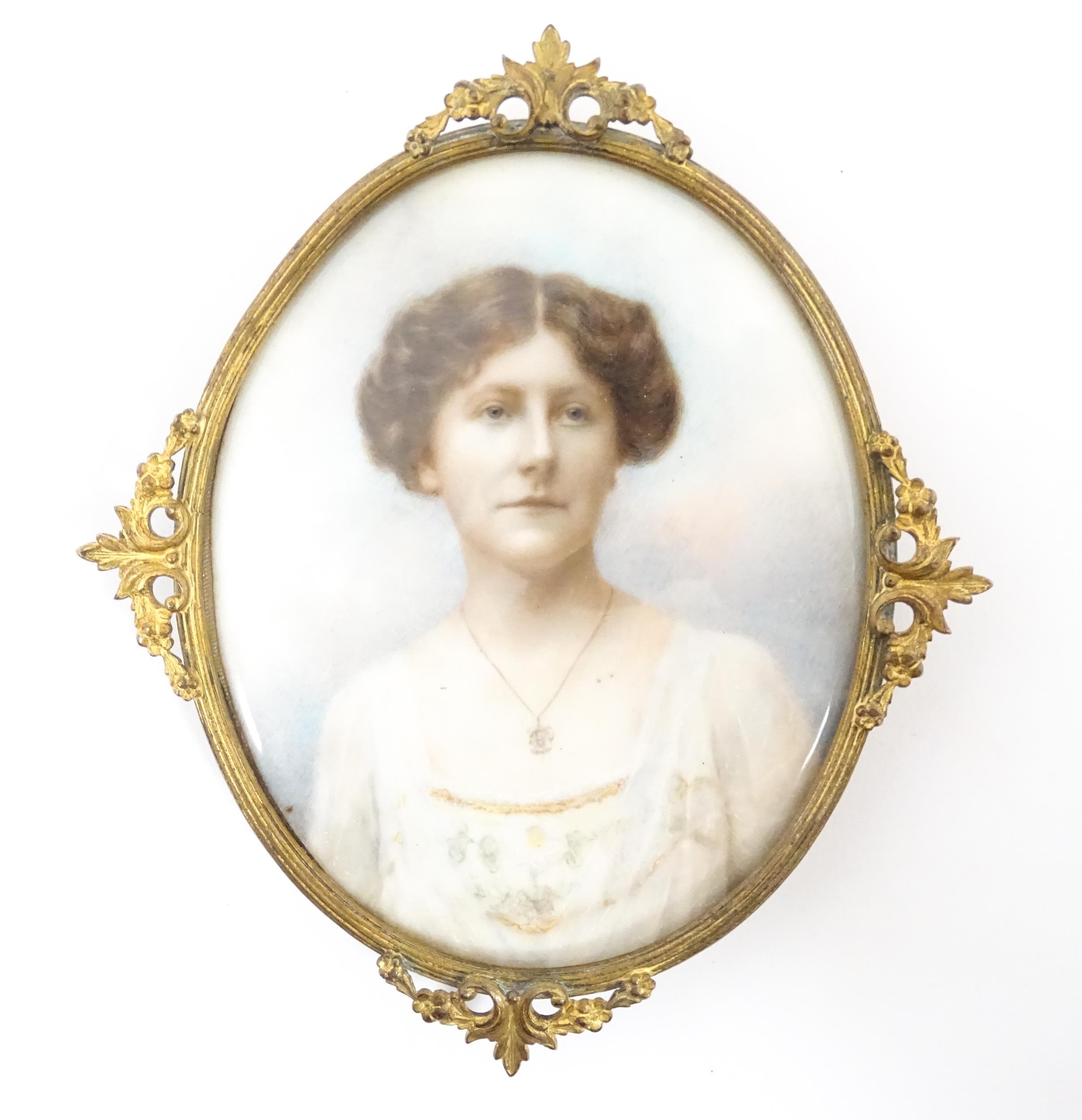 A 19thC watercolour portrait miniature depicting a young lady wearing a white dress with floral - Image 3 of 9