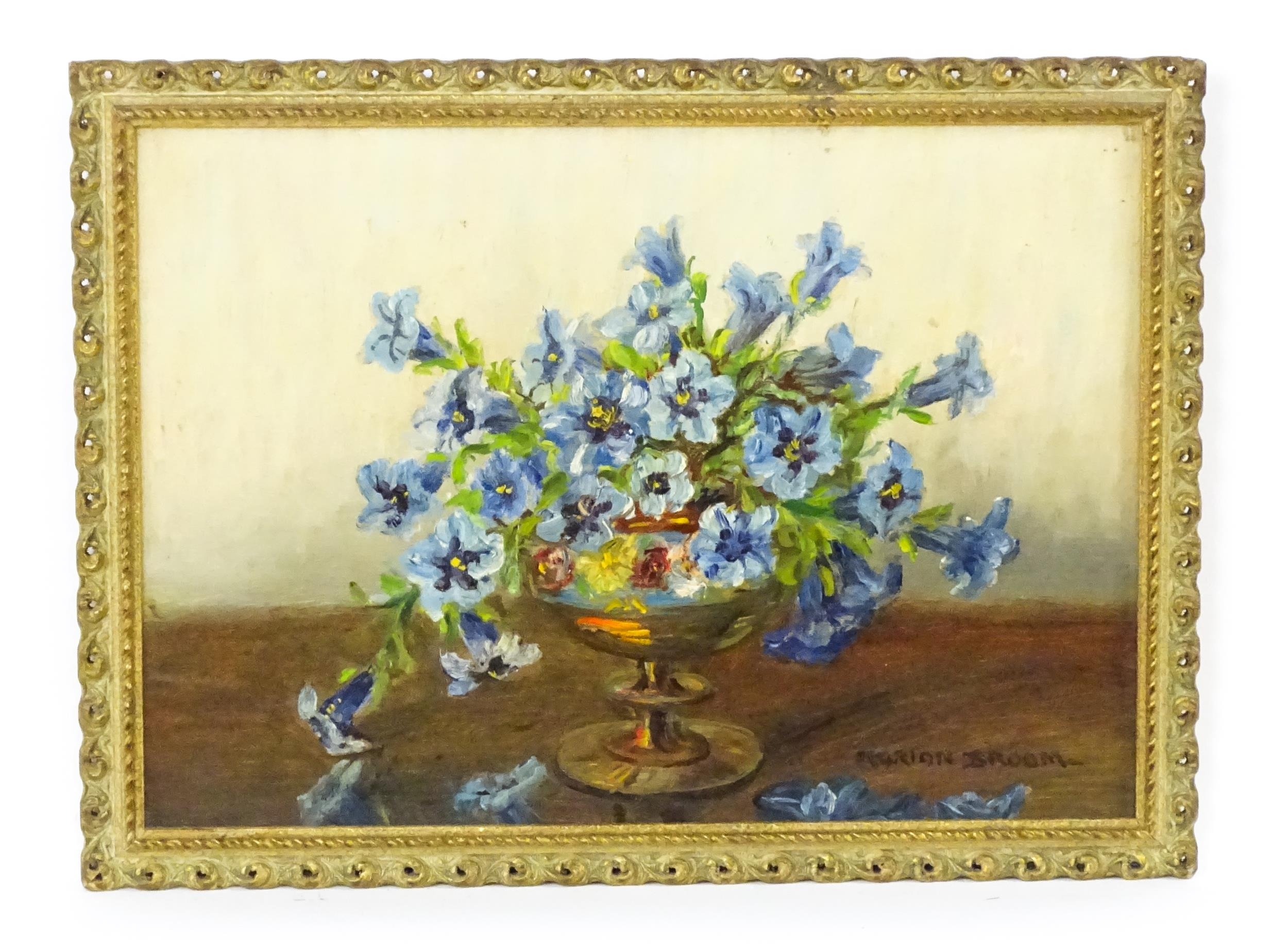 Marion Broom (1878-1962), Oil on board, A still life study of blue gentian flowers in a pedestal