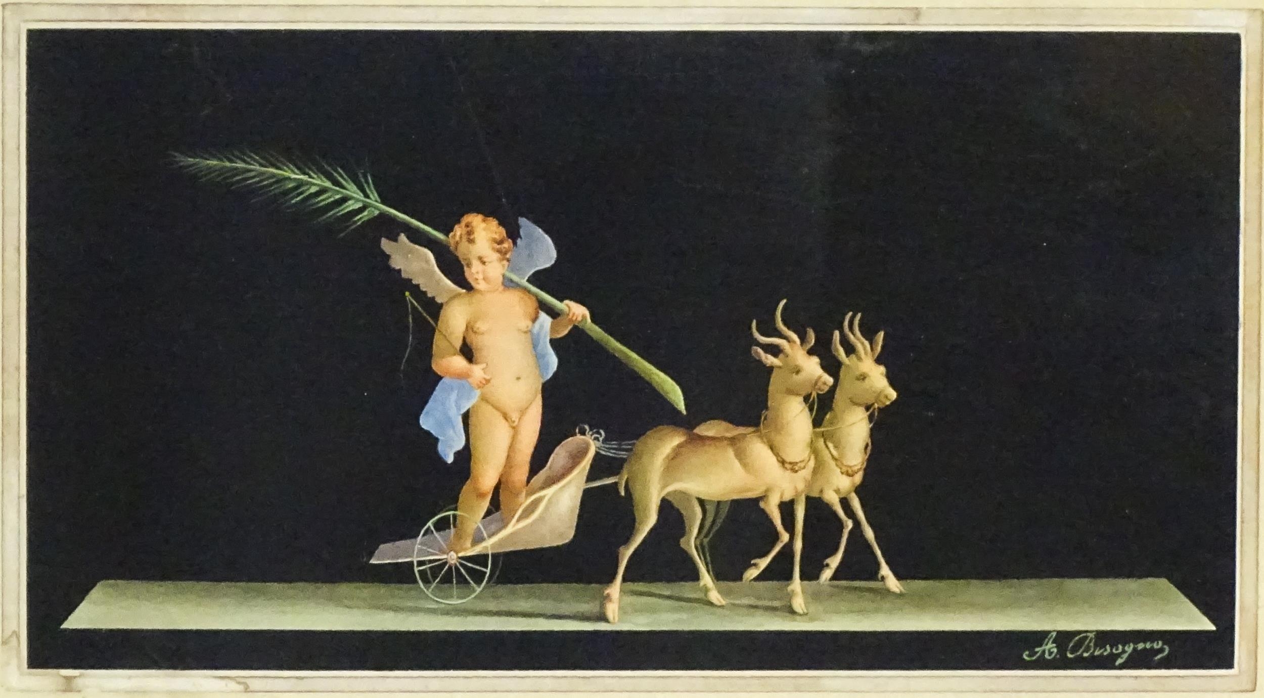 A. Bisogno, Italian School, Watercolour and gouache, A Cherub on a deer drawn chariot. Signed - Image 3 of 4