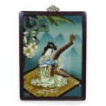 Oriental School, Reverse glass painting, A portrait of a young woman playing a harp in a mountain