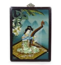 Oriental School, Reverse glass painting, A portrait of a young woman playing a harp in a mountain