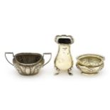 Three silver items to include a twin handled salt hallmarked Birmingham 1899, maker William Hair