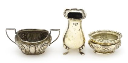 Three silver items to include a twin handled salt hallmarked Birmingham 1899, maker William Hair