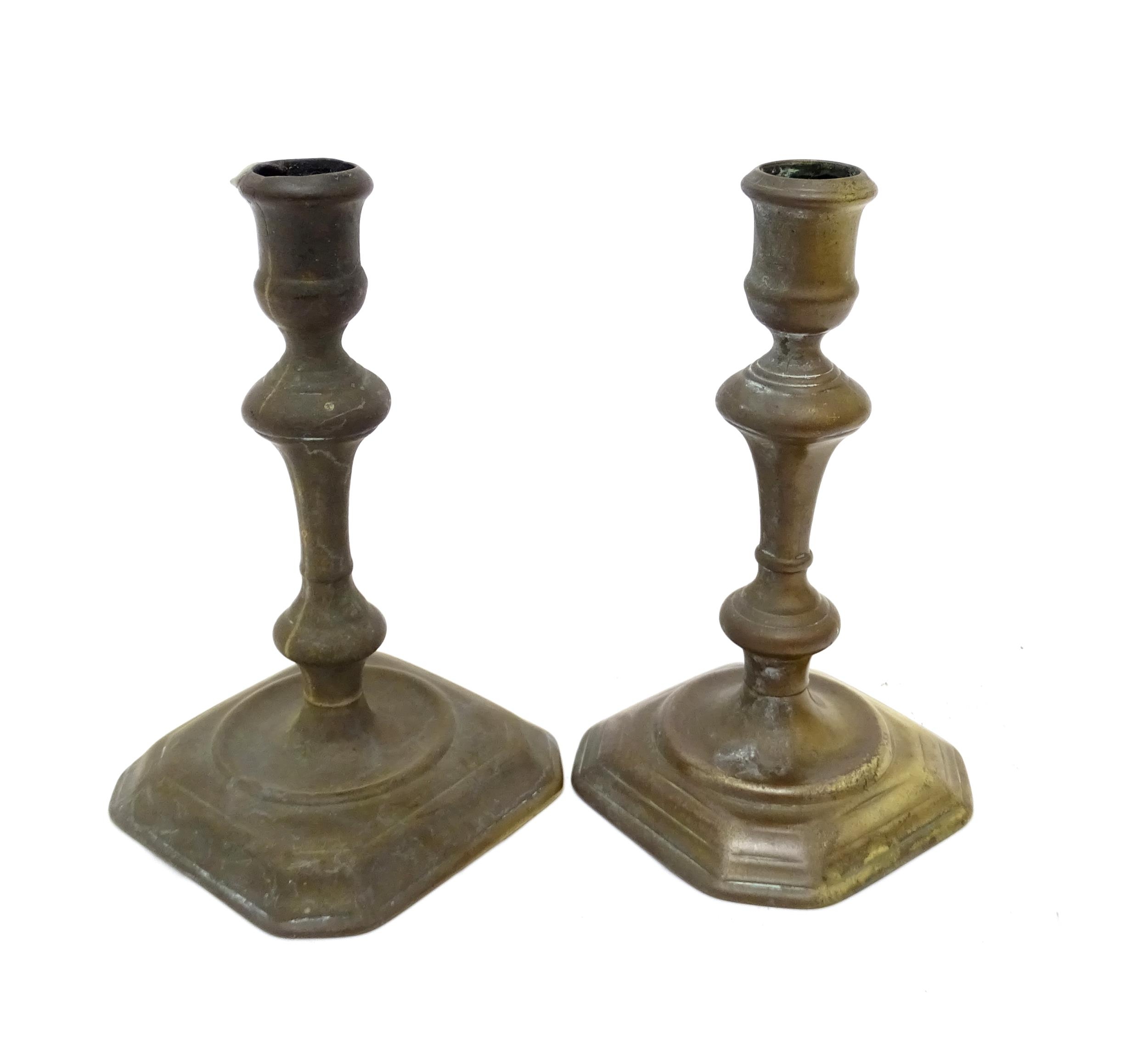 Two 18thC brass candlesticks with knop decoration to stem. Largest approx. 6 3/4" high (2) Please - Image 5 of 6