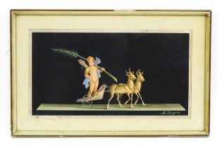 A. Bisogno, Italian School, Watercolour and gouache, A Cherub on a deer drawn chariot. Signed