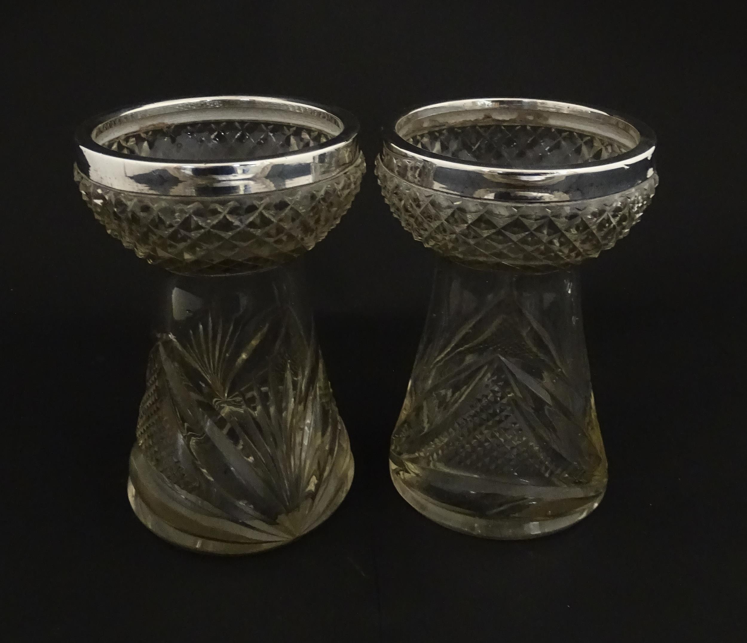 A pair of cut glass vases with silver rims in the style of hyacinth vases, hallmarked Birmingham - Image 7 of 10