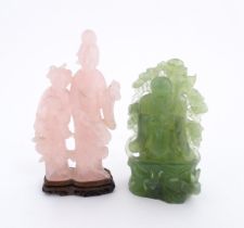 A Chinese rose quartz figural group carving depicting two female figures. Together with a carving