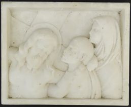 A 20thC carved soapstone religious plaque / tableau depicting the Lamentation of Christ. Approx.