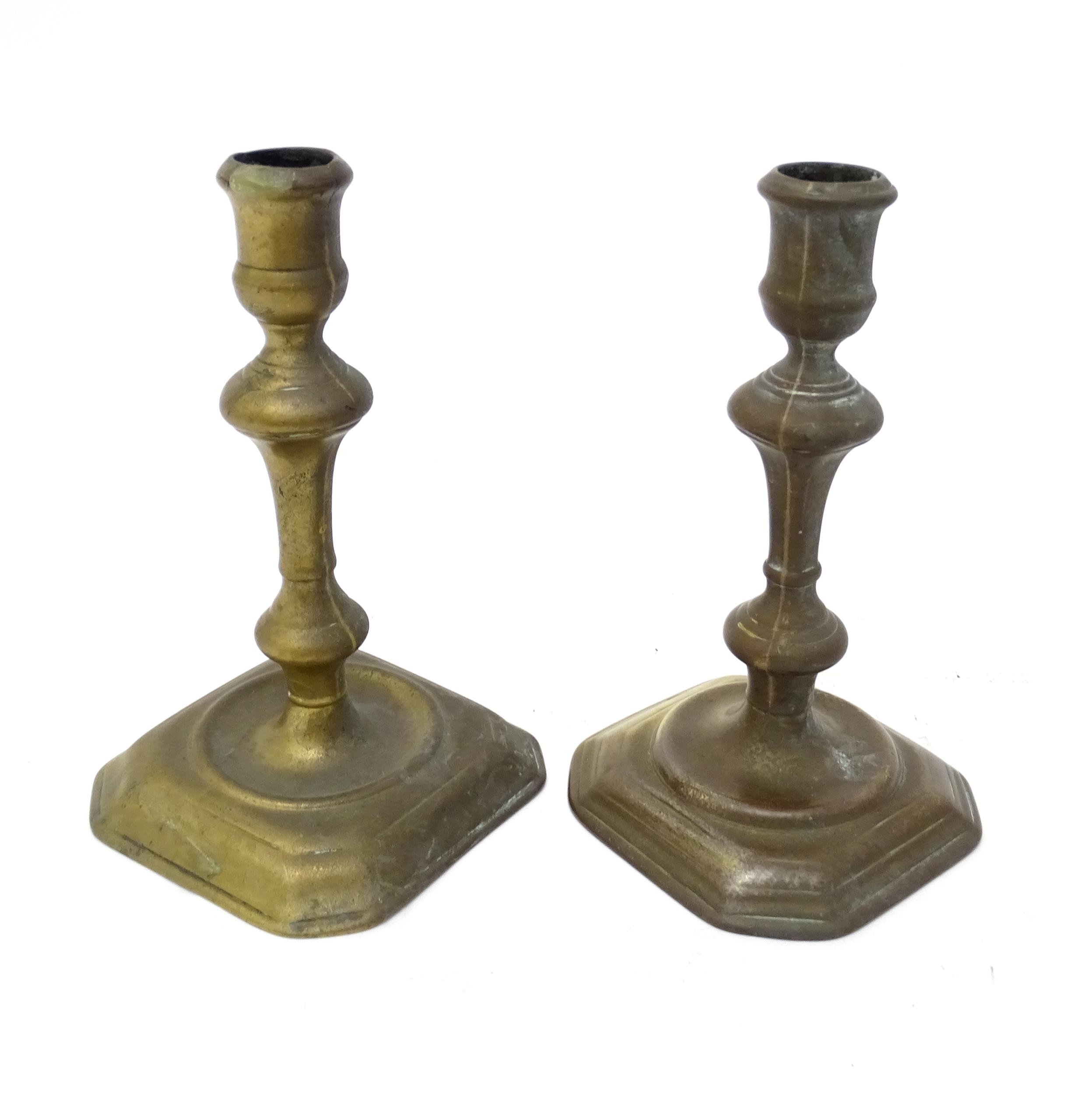 Two 18thC brass candlesticks with knop decoration to stem. Largest approx. 6 3/4" high (2) Please - Image 3 of 6