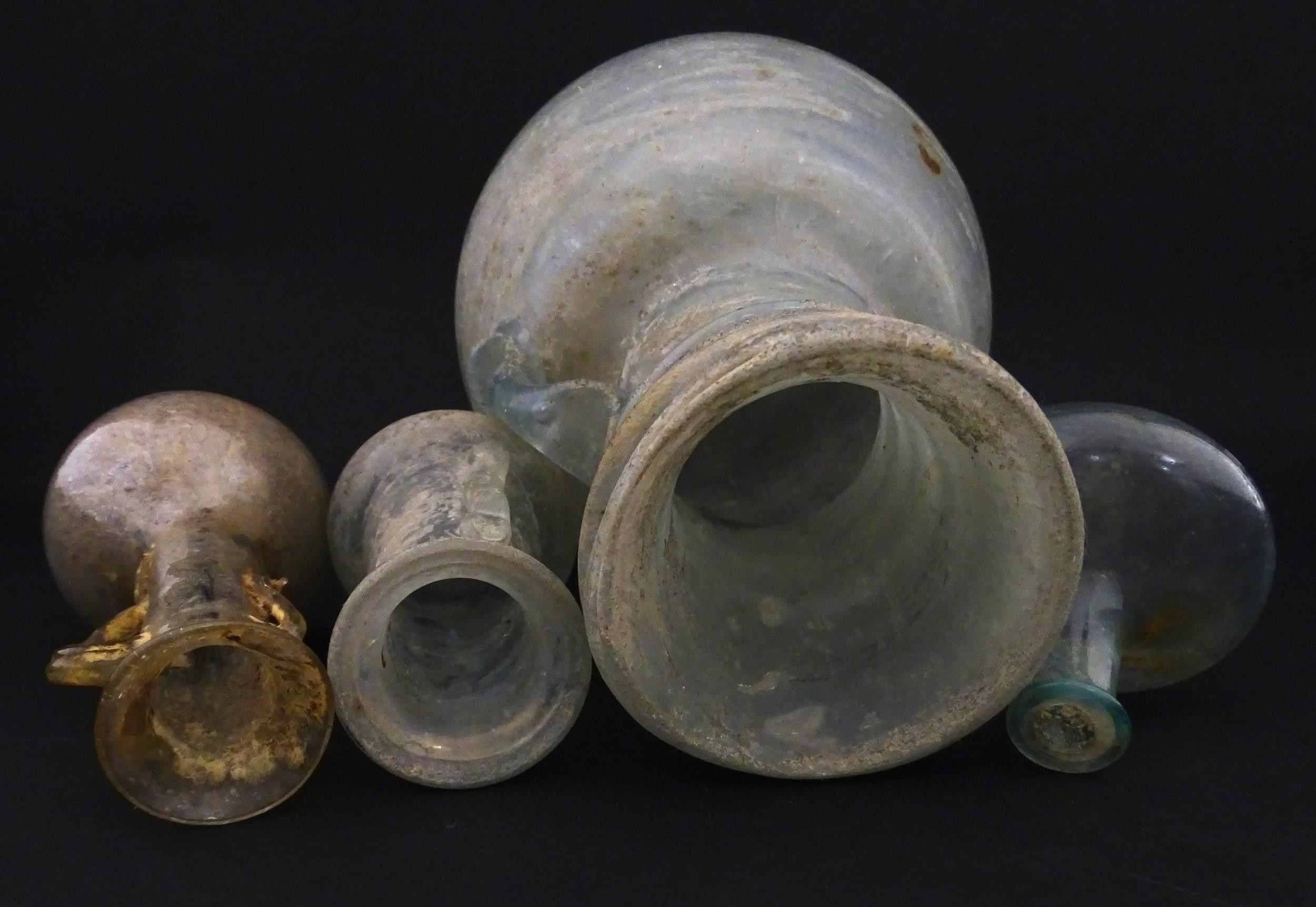 Four glass vases in the Roman style with iridescent finish, some with trail detail. Largest - Image 6 of 6