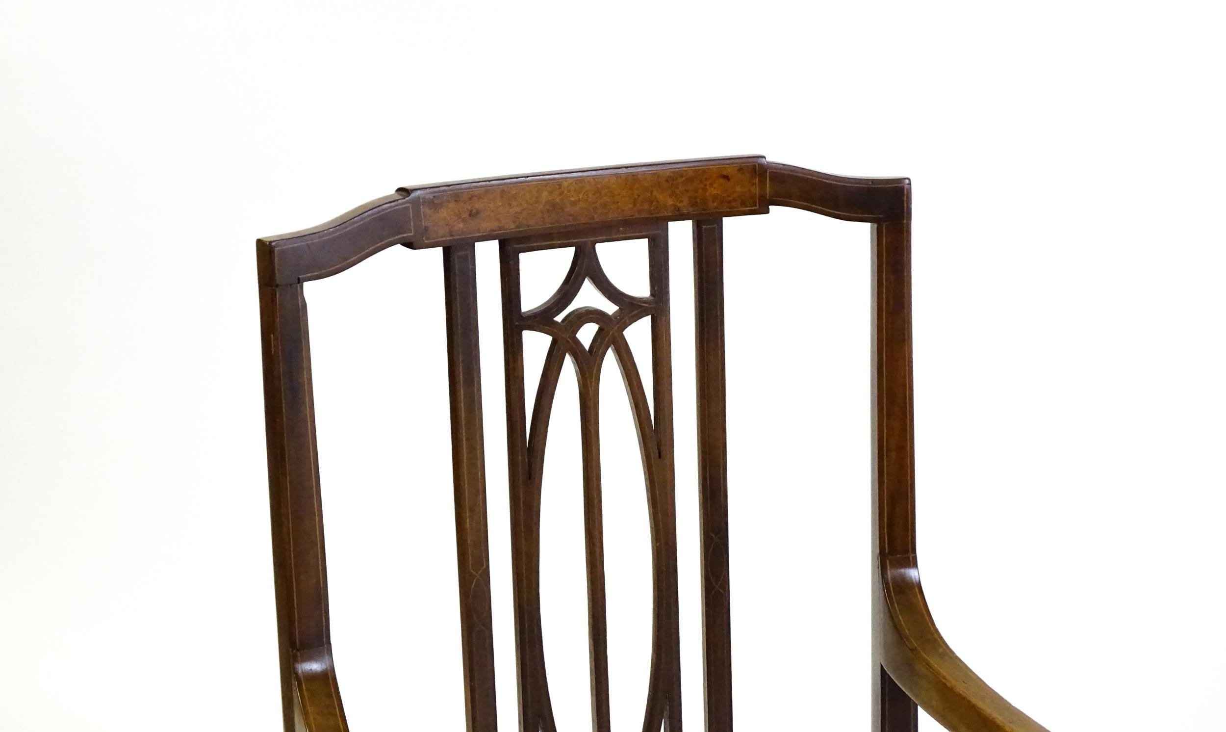 An Edwardian elbow chair with a burr walnut veneered top rail, a pierced back splat and swept arms - Image 3 of 5