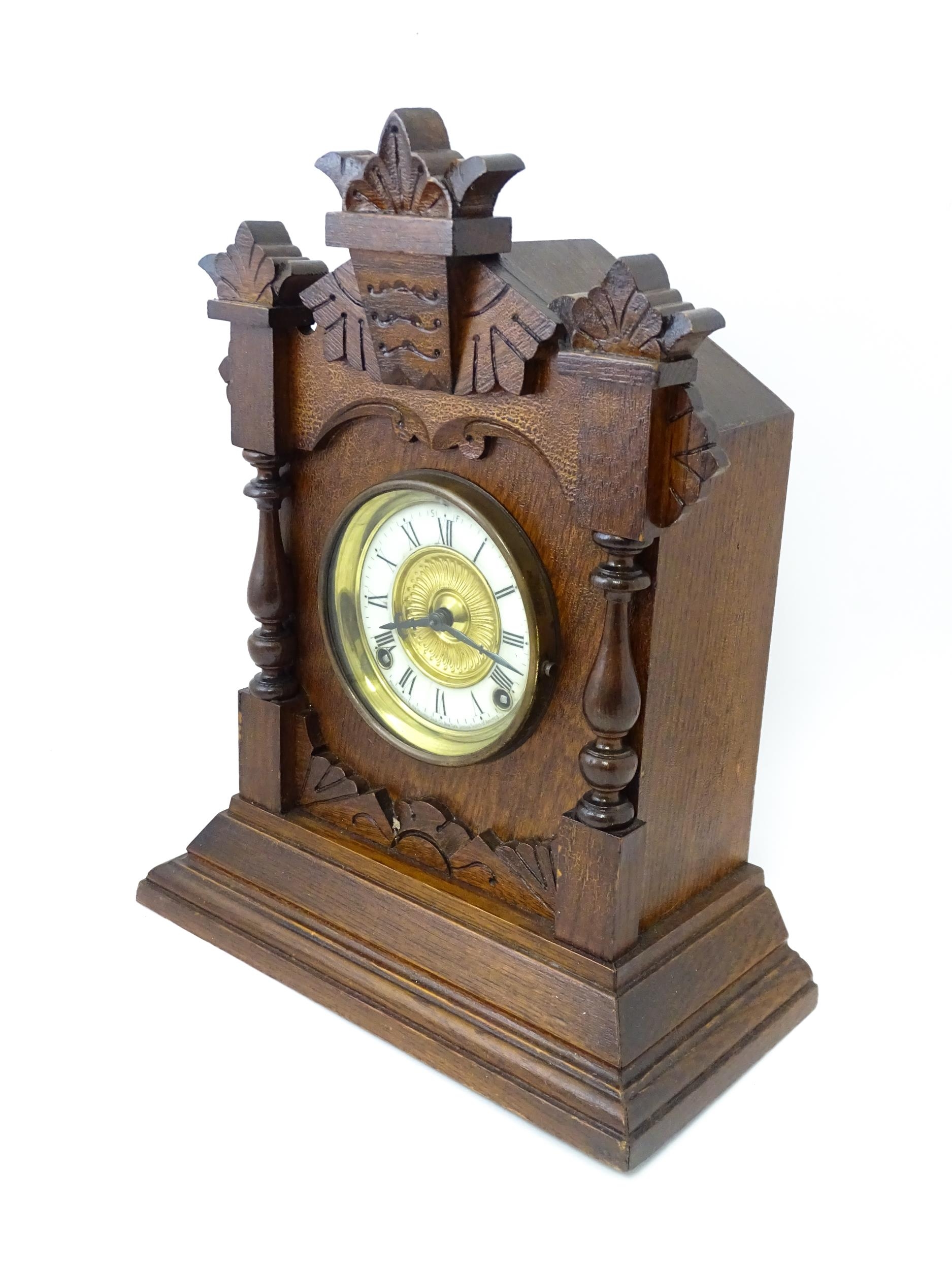 A Late 19thC / Early 20thC American oak cased mantle clock by the Ansonia Clock Company - New - Image 5 of 12