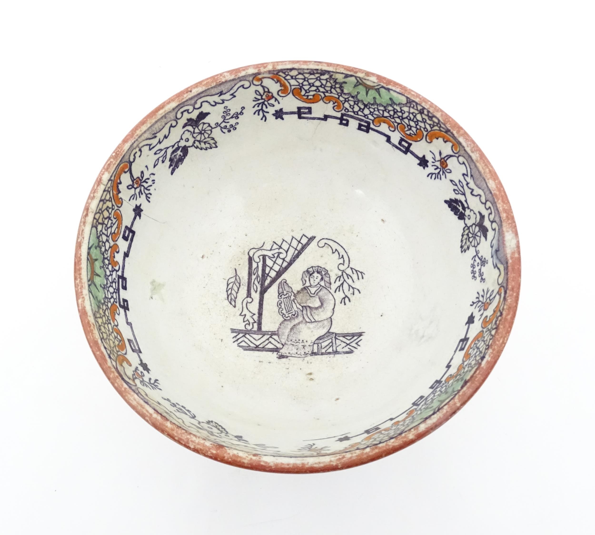 A Scottish bowl with Chinoiserie depicting figures in a landscape. Possibly Bell's Pottery. - Image 6 of 11