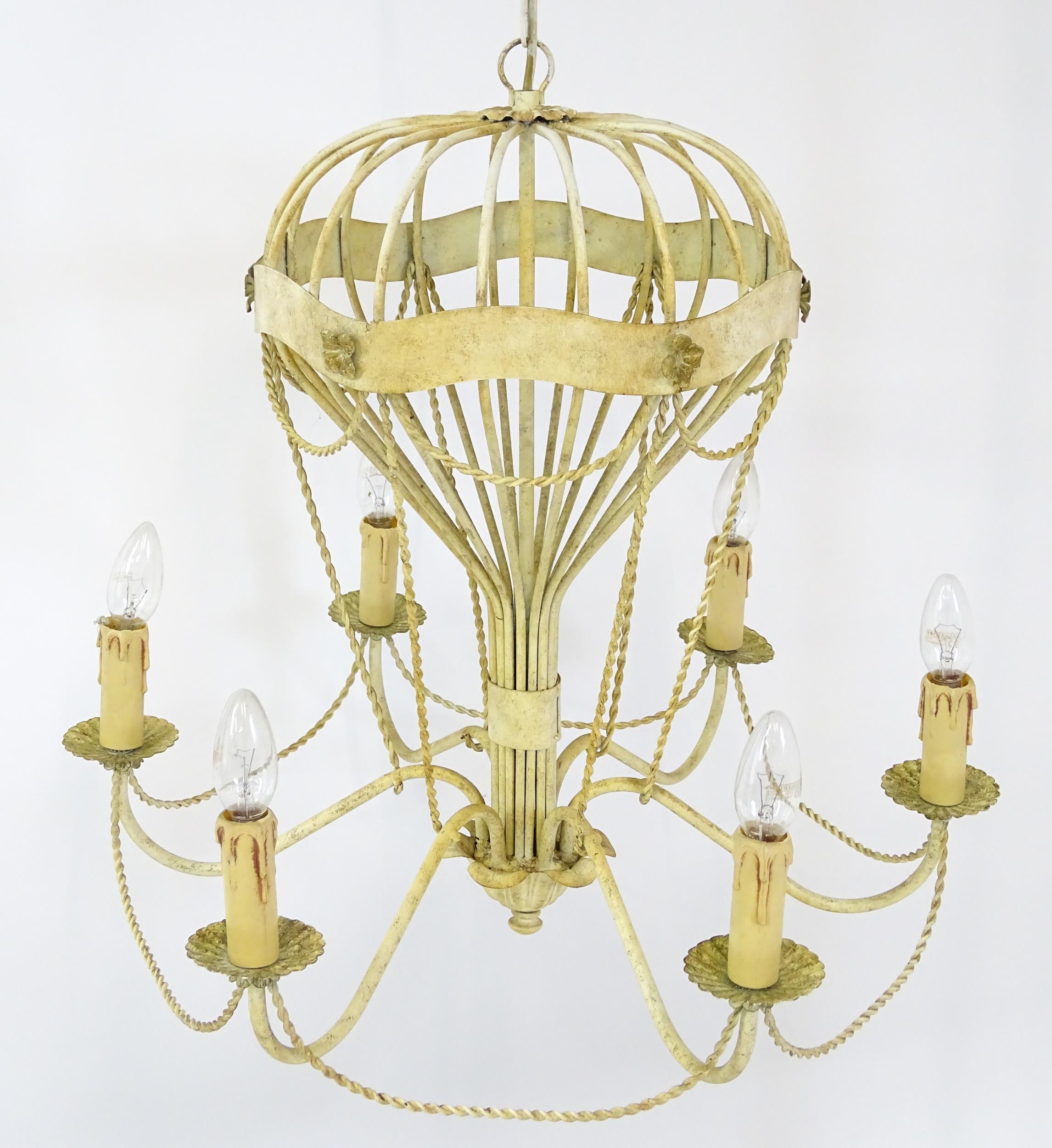 Two pendant ceiling lights / electroliers formed as stylised hot air balloons and having six - Image 3 of 16