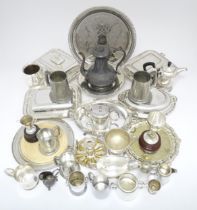 A quantity of silver plated items to include salver, chamberstick, tankards, entree dishes, cake