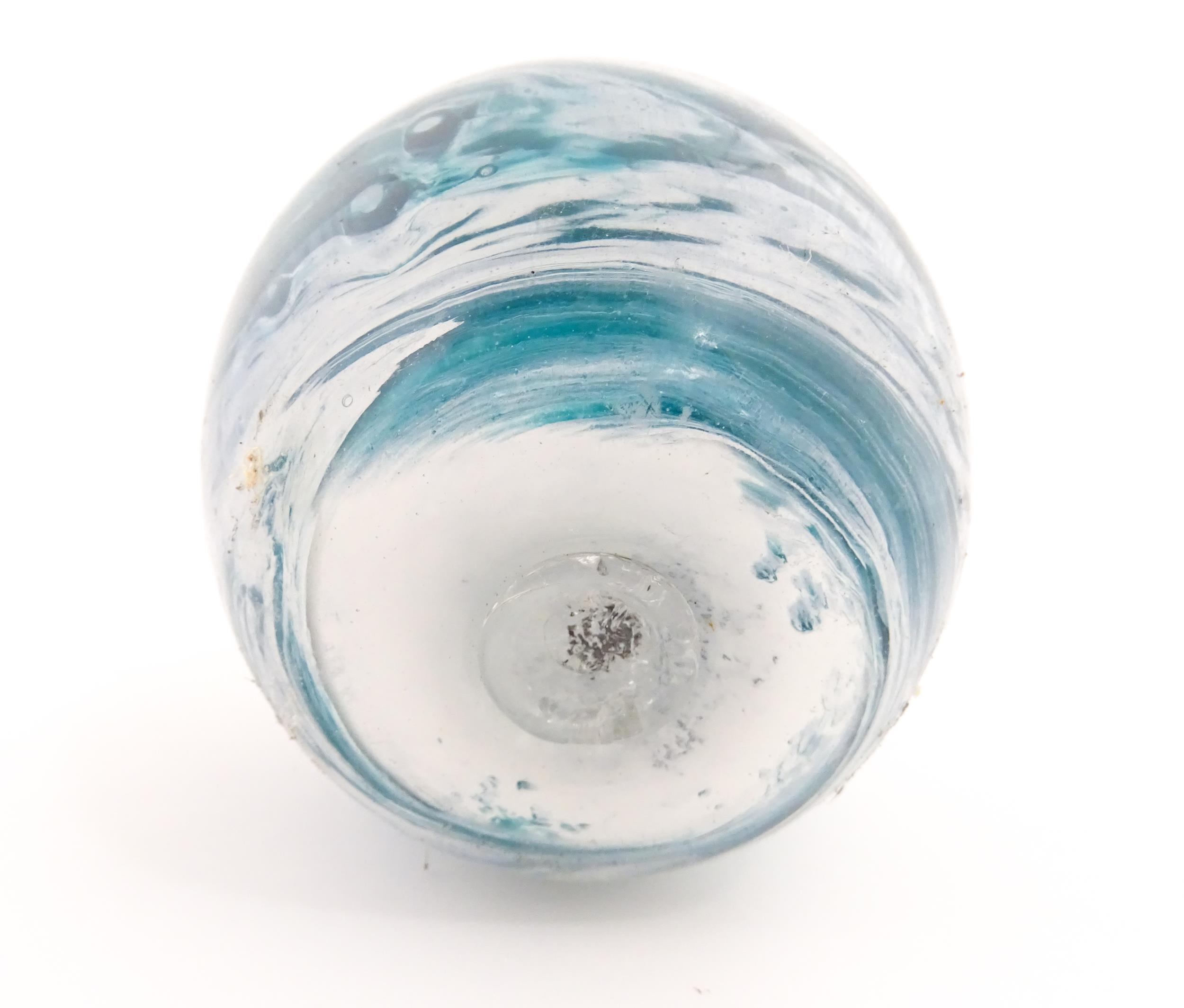 An Isle of Scilly blue glass vase with twin handles and white mottled swirl detail, signed D. Lang - Image 6 of 6