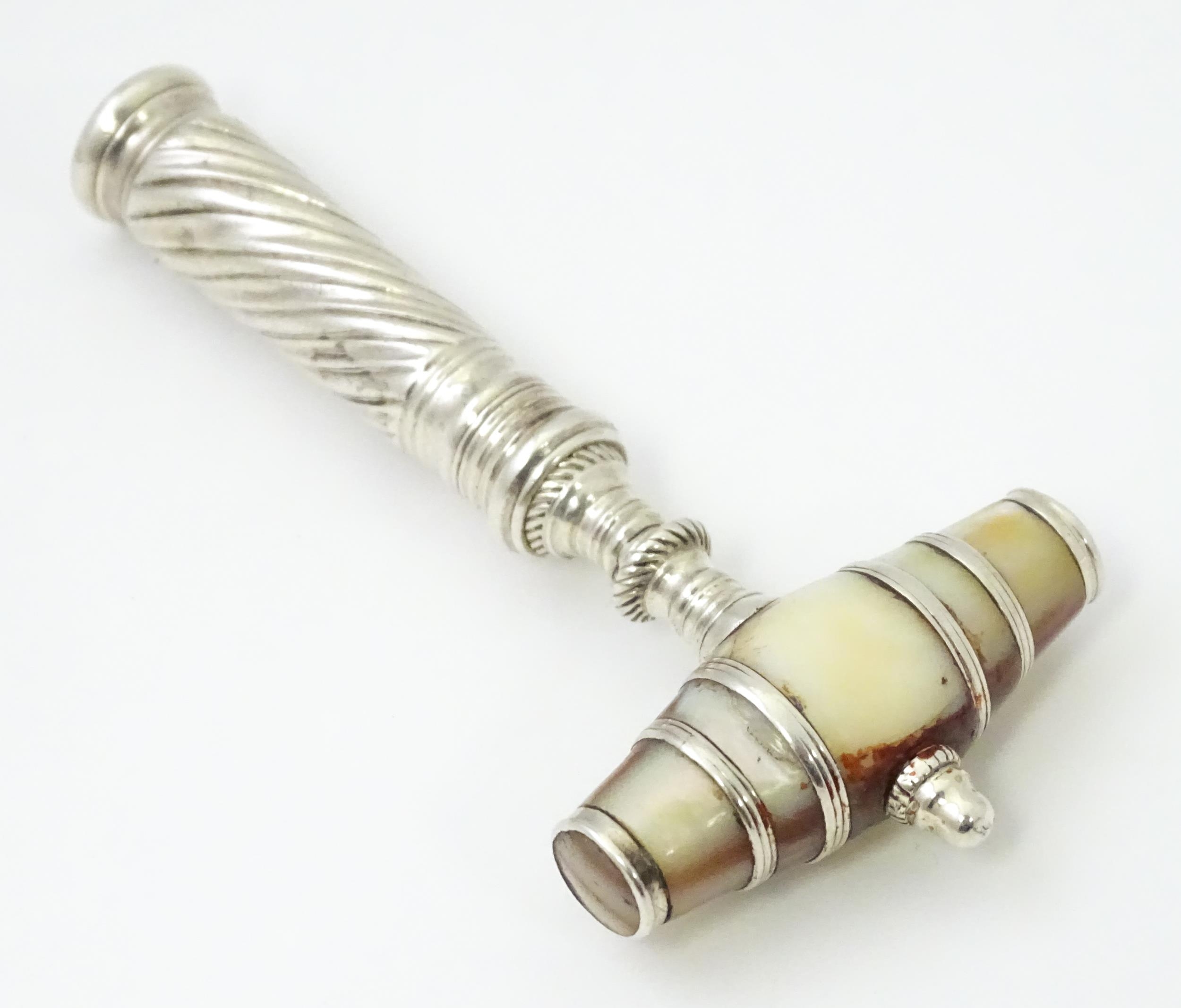 An 18thC silver pocket / travelling corkscrew with mother of pearl handle of barrel form, maker - Image 3 of 6