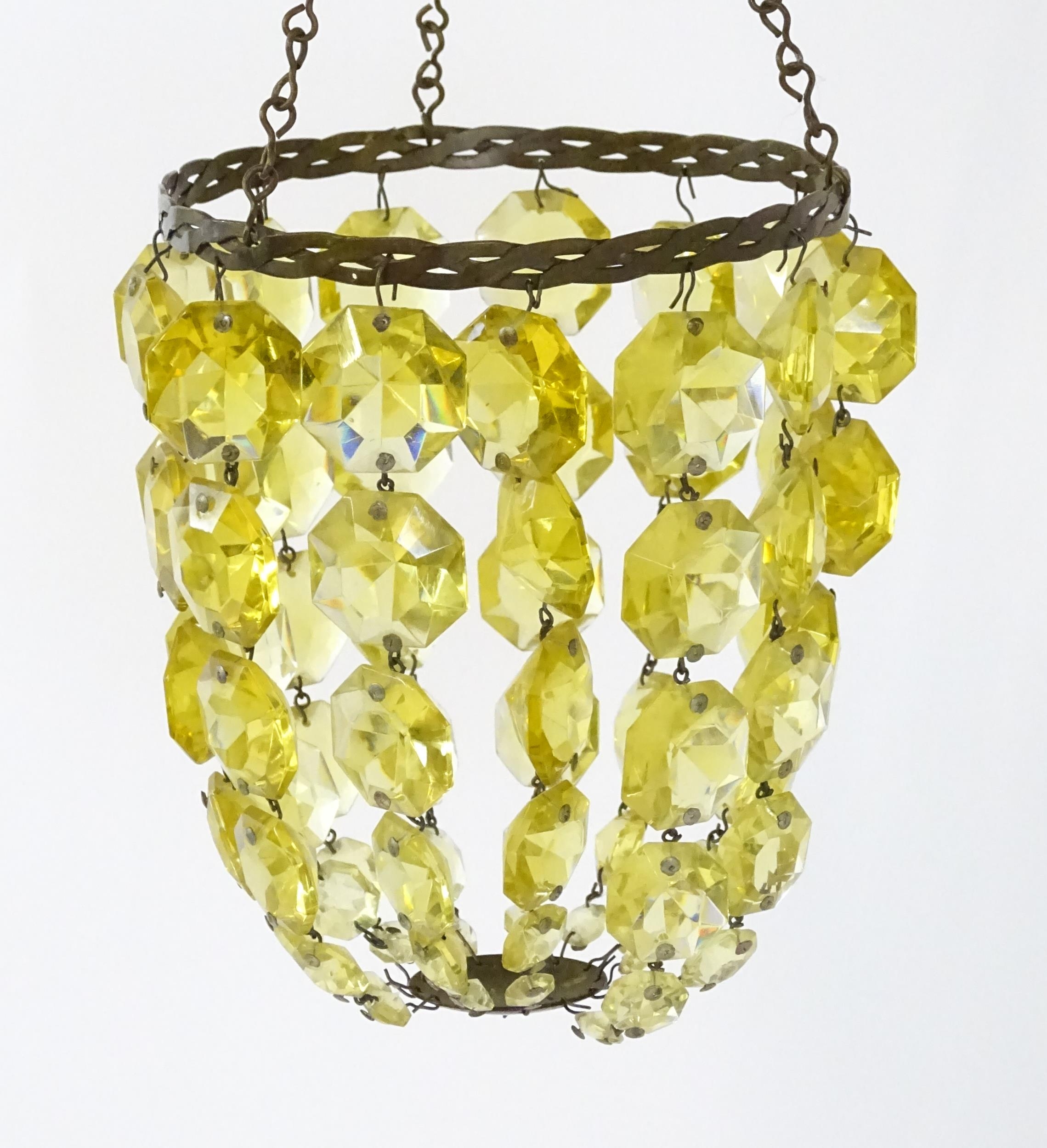 Three assorted pendant bag light shades with lustre drops. Together with a yellow amber glass - Image 10 of 16