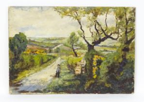20th century, Oil on canvas board, A country landscape scene with a figure on a lane. Approx. 8 1/2"