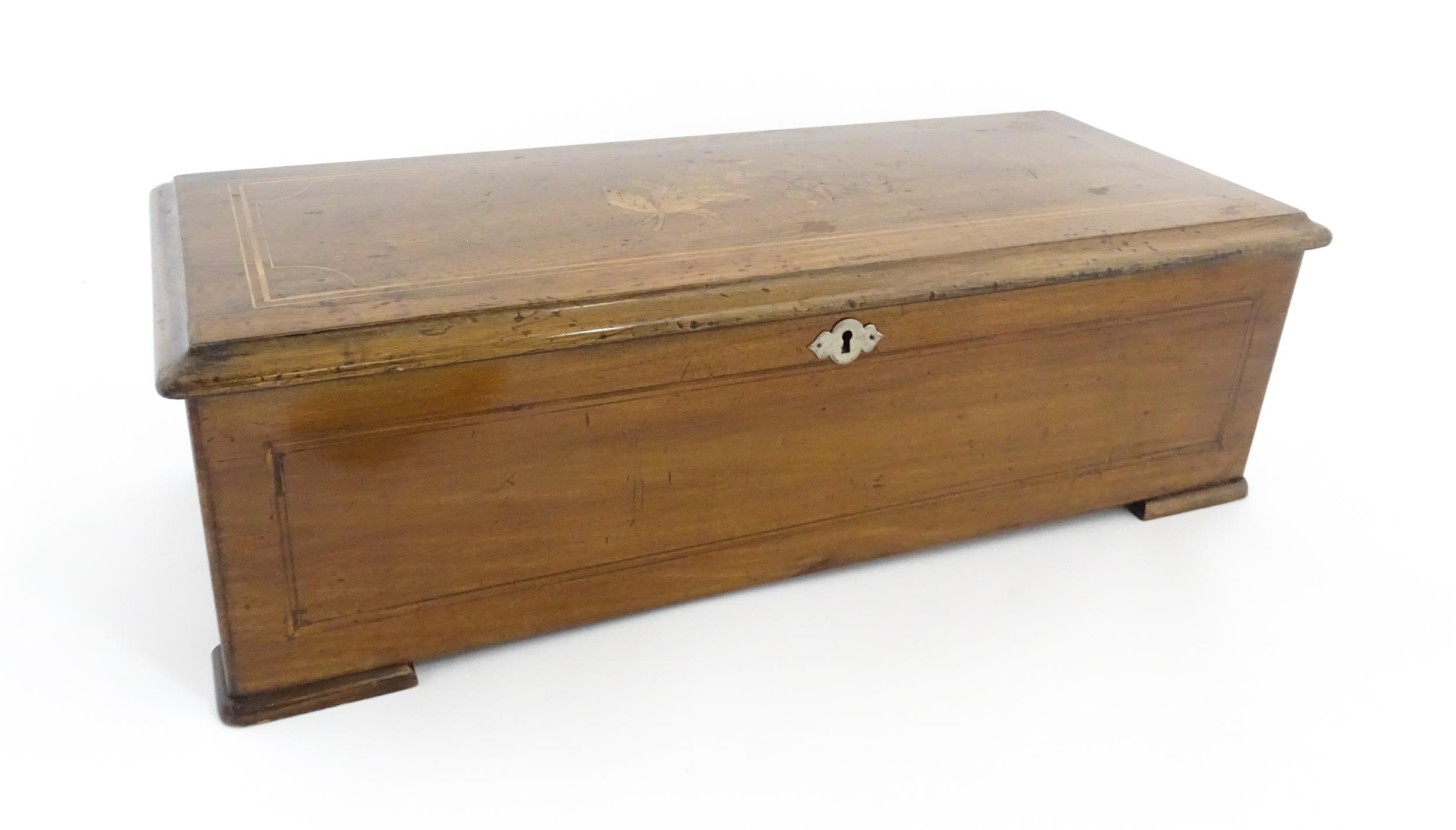 A 19thC Swiss rosewood music box with marquetry inlaid decoration to lid, playing 10 airs, by PVF of - Image 4 of 13