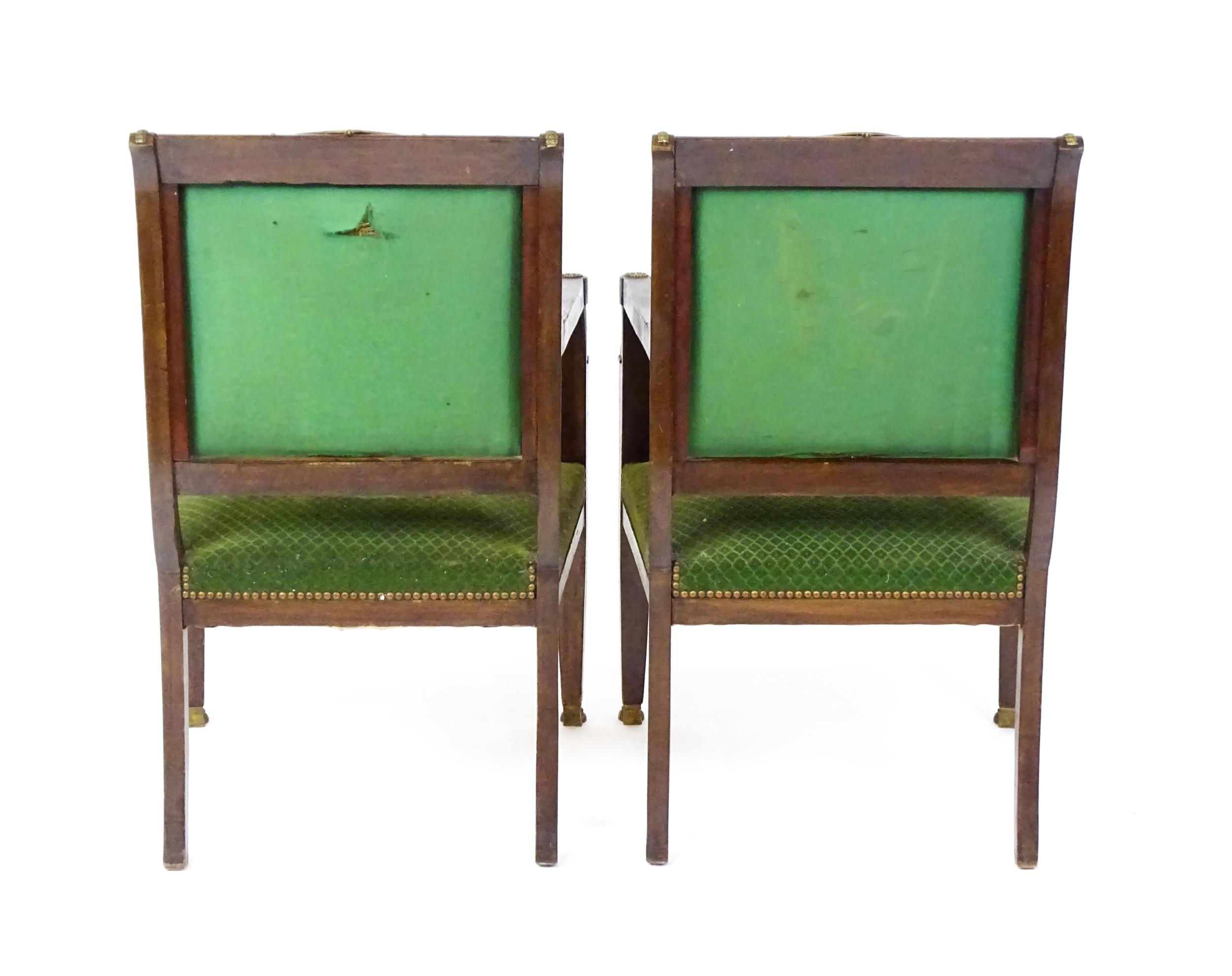A pair of 19thC Empire armchair with brass neo classical style mounts including lozenges, masks - Image 2 of 10