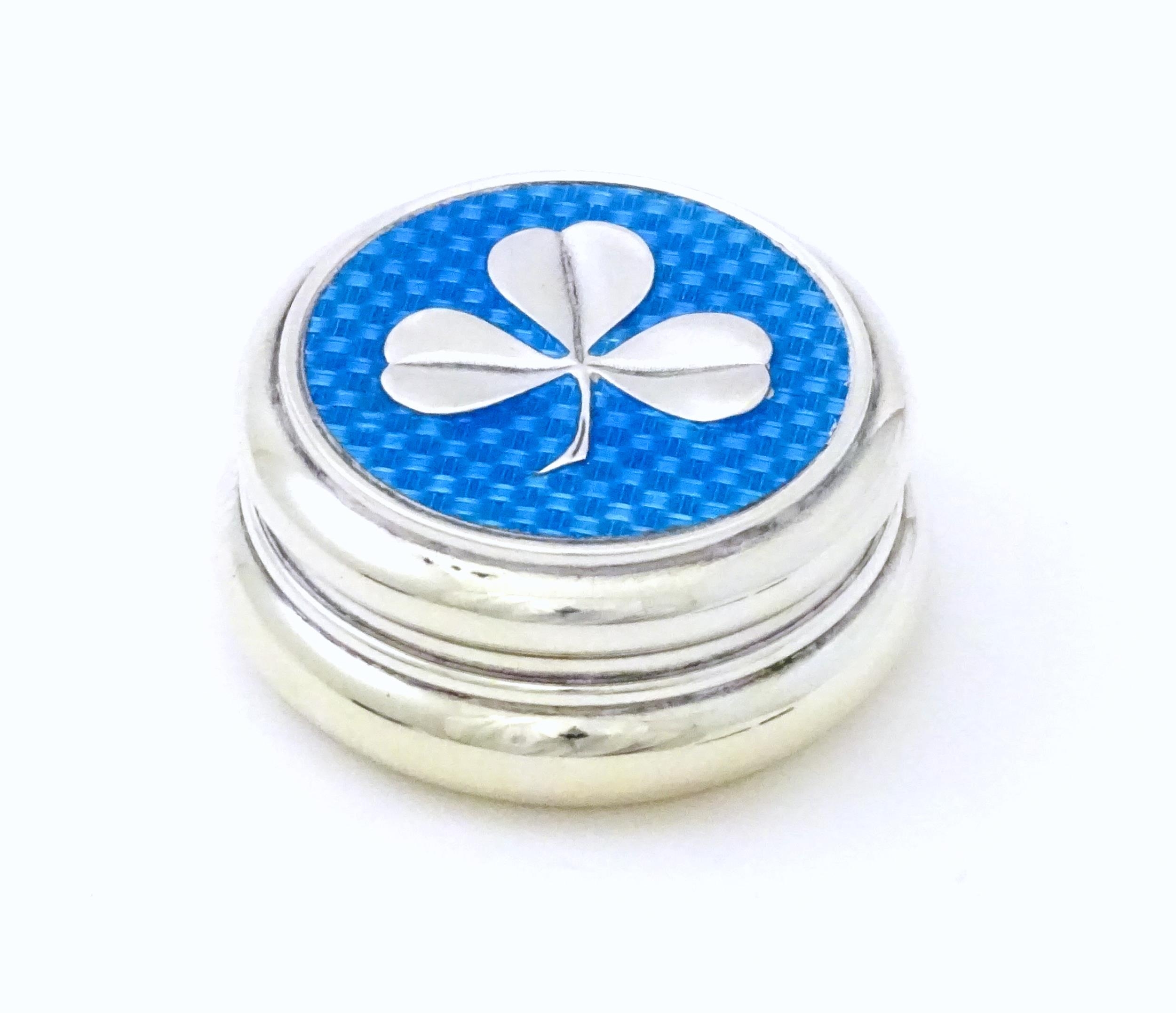 A silver patch / pill box with turquoise guilloche enamel decoration and applied clover detail, - Image 3 of 5