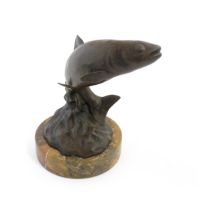 A 20thC cast bronze sculpture modelled as a leaping salmon / fish. Cast signature Andre to base.