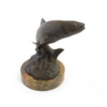 A 20thC cast bronze sculpture modelled as a leaping salmon / fish. Cast signature Andre to base.