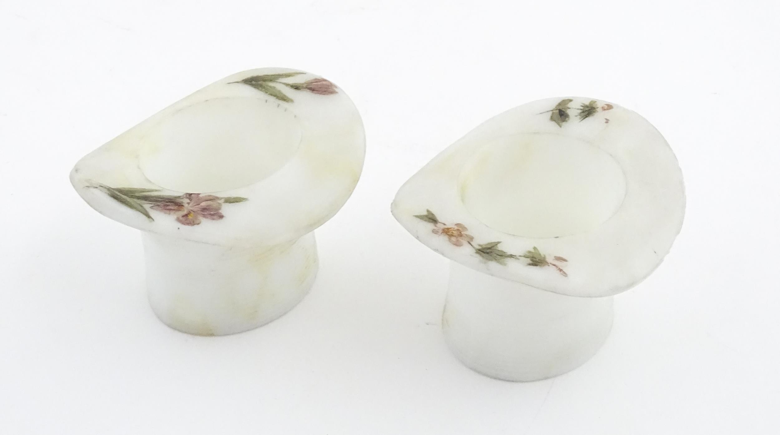 A pair of milk glass match holders / vesta keeps formed as top hats with hand painted floral detail. - Image 2 of 13