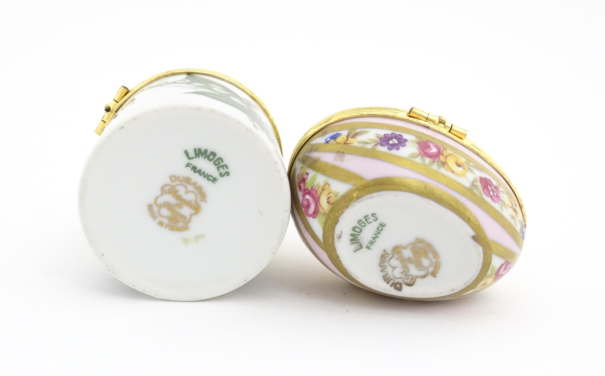 Two 20thC Limoges Dubarry porcelain boxes, one modelled as an egg with floral detail, the other of - Image 9 of 11