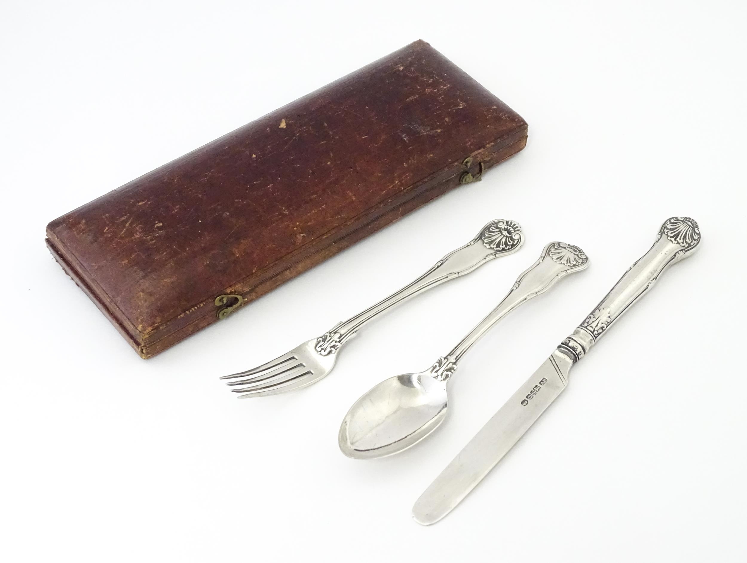 A cased silver three piece Christening set comprising knife, fork and spoon, hallmarked Sheffield - Image 3 of 7