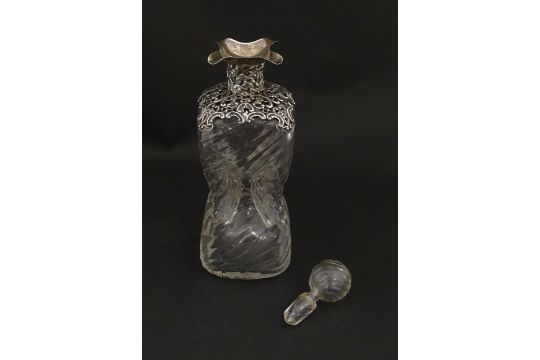 A Victorian glass glug glug / pinch decanter with a pierced silver mount hallmarked London 1898, - Image 4 of 10