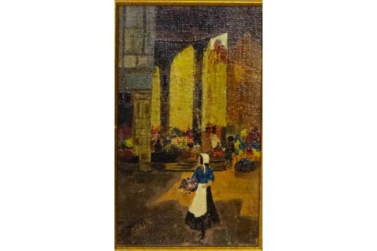 B. Mendez, Continental School, 20th century, Oil on canvas, The Flower Market, A city street scene - Image 2 of 5