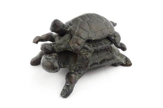 A 20thC cast sculpture, Travelling Turtles, modelled as three turtles. Approx. 3" high Please Note - - Image 1 of 11