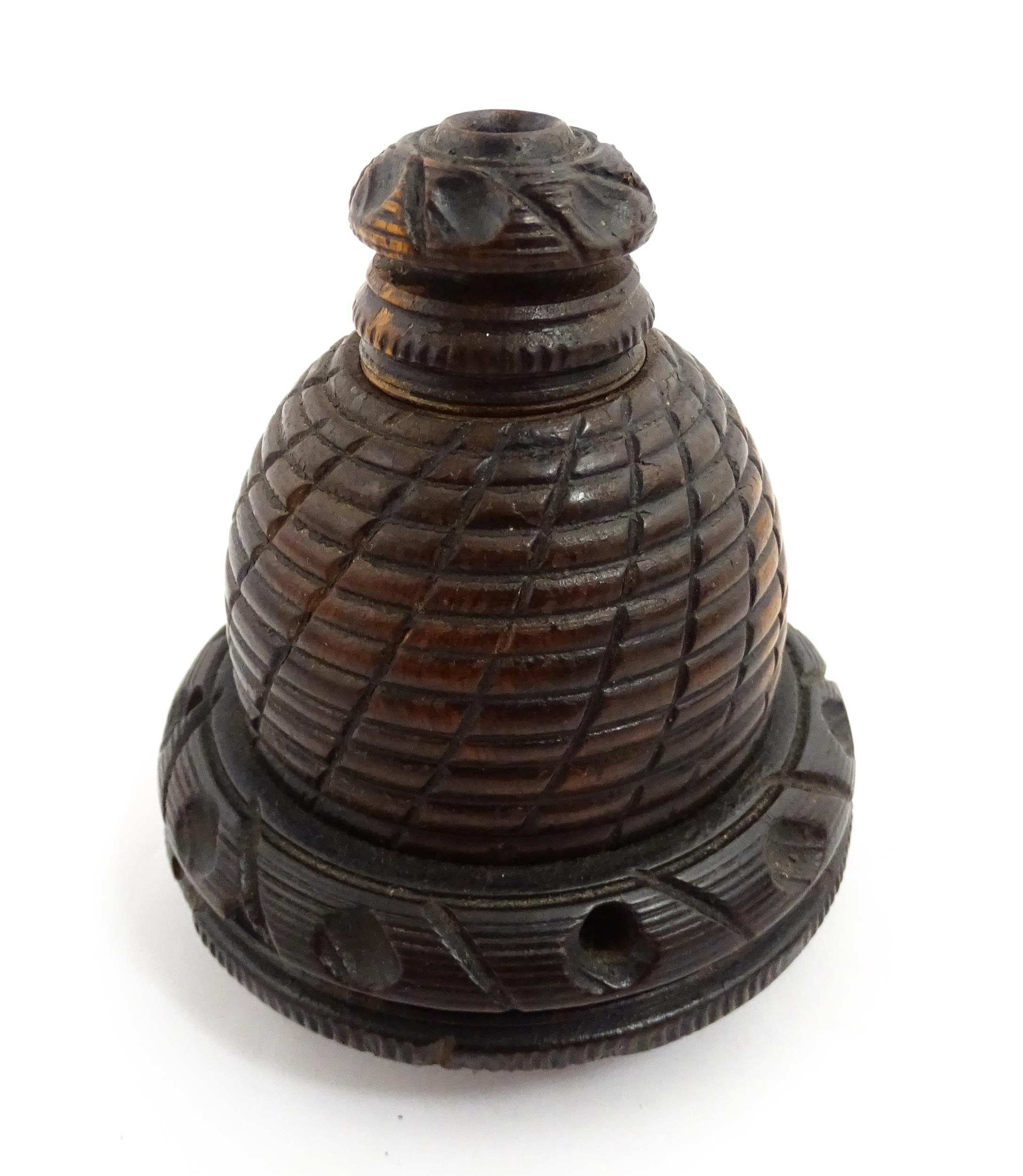 Treen : A 19thC carved string box in the form of a skep / beehive. Approx. 4" high Please Note - - Image 8 of 10