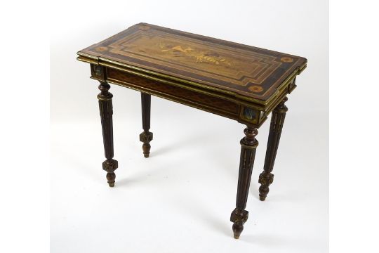 A 19thC card table with a marquetry inlaid cornucopia to the top and brass mouldings to the rim. The - Image 13 of 15