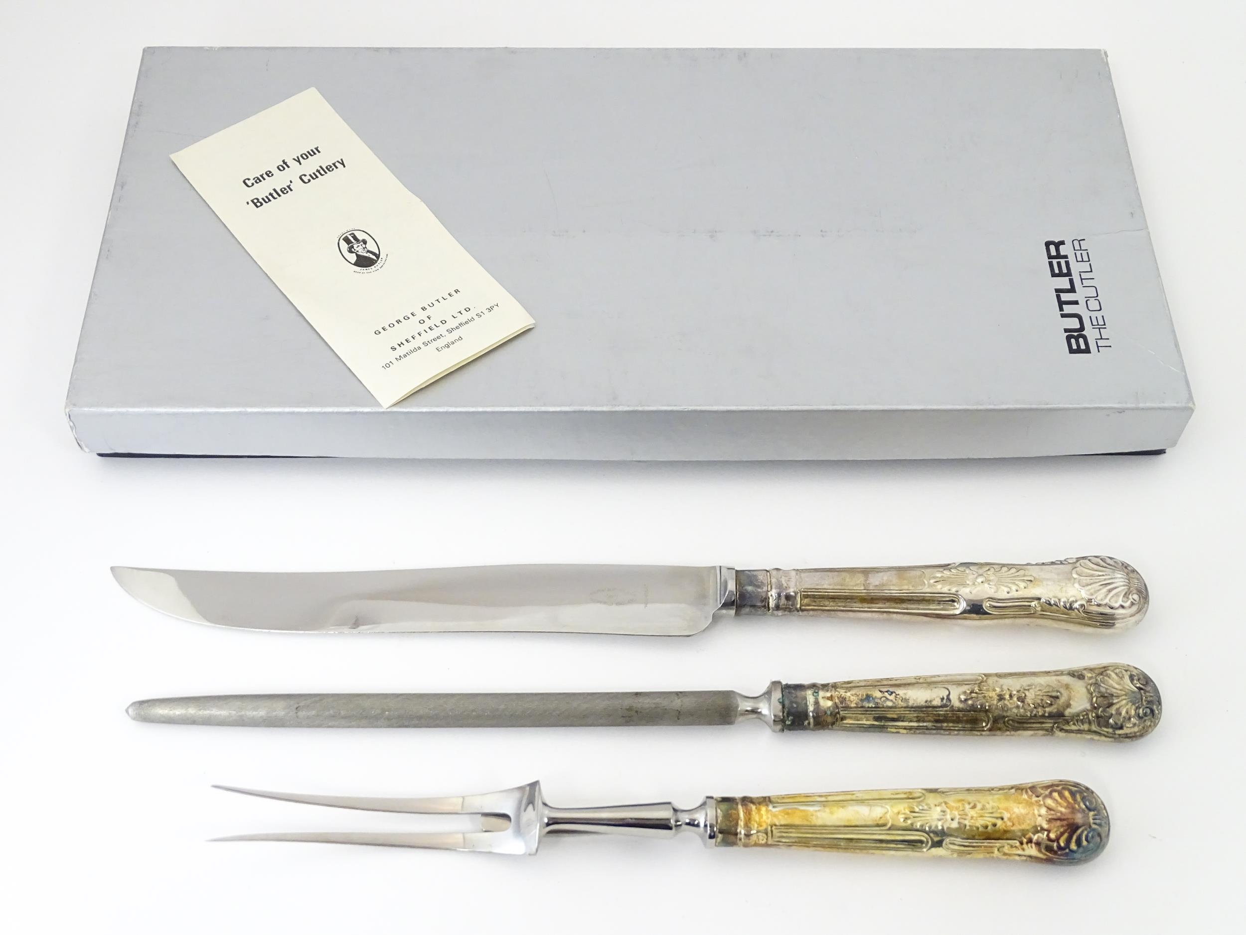 A three piece Kings pattern carving set with silver plate handles, by George Butler of Sheffield - Image 4 of 8